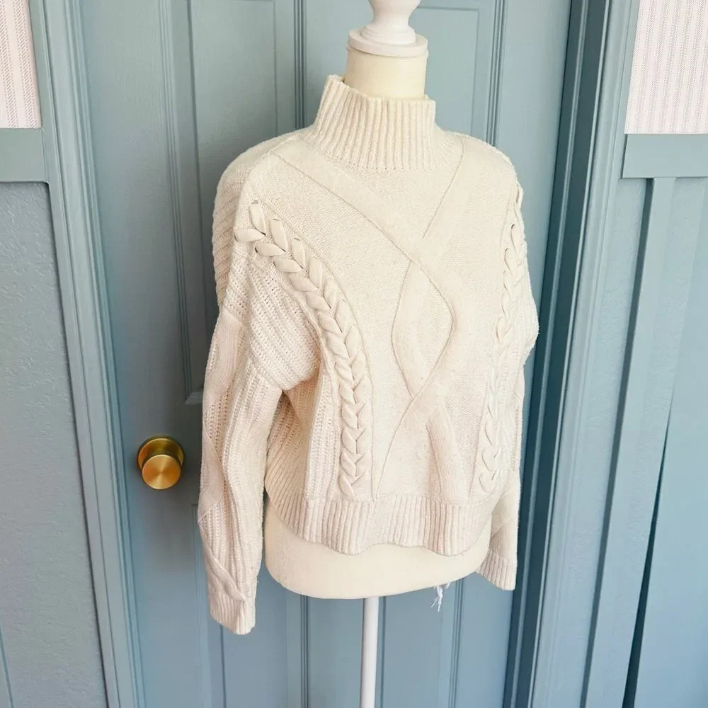 Elizabeth and James Cable Knit Cream Turtleneck Crop Sweater - Picture 3 of 9